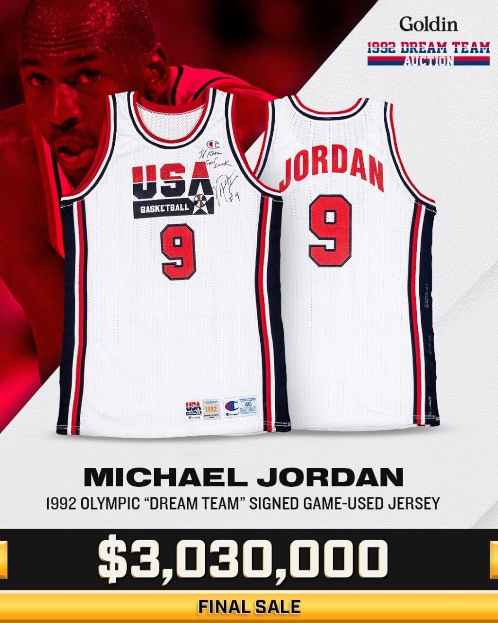 Ang 1992 Olympic USA Fantasy jersey ng Jordan ay naibenta sa halagang 93usd milyon